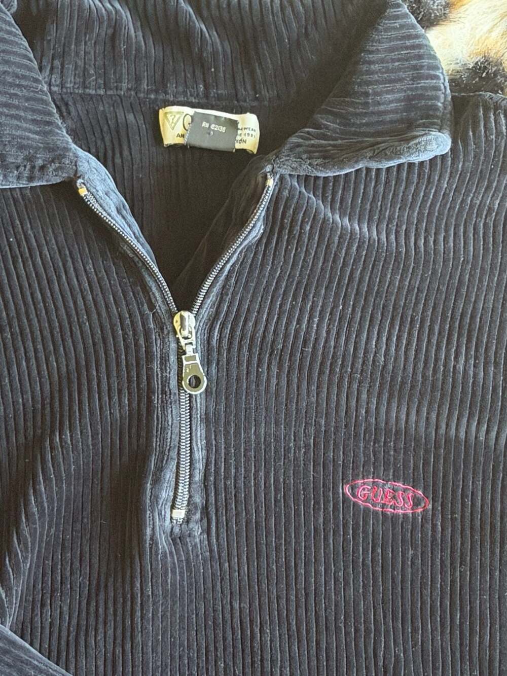 Guess Corduroy Quarter Zip Size M Black Pullover Top